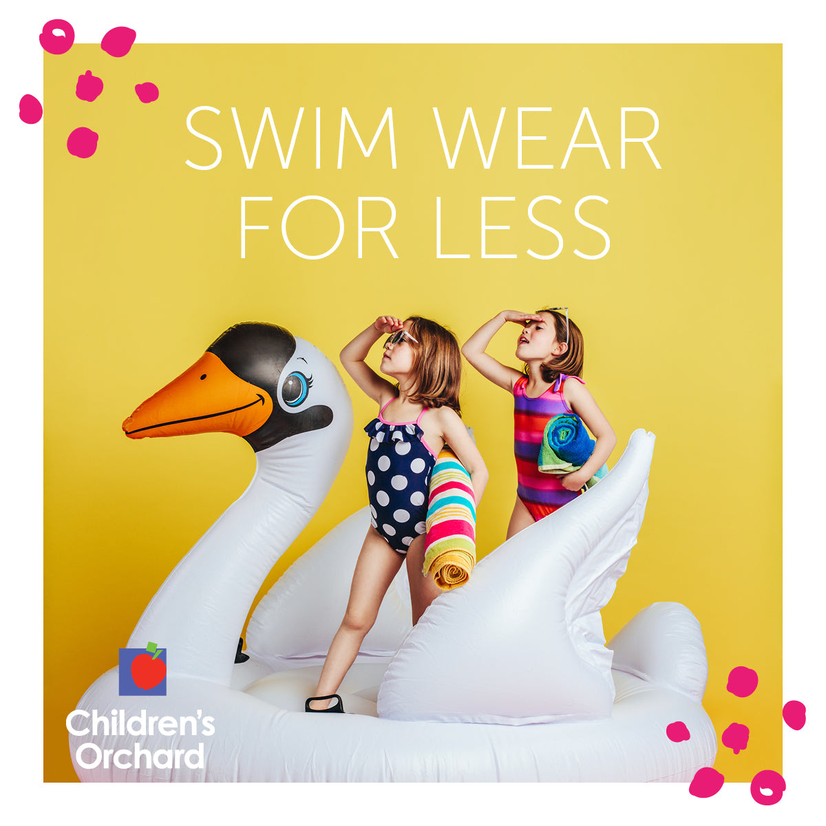 Children's Orchard advertisement with two girls in swimsuits and a swan float against a yellow background.